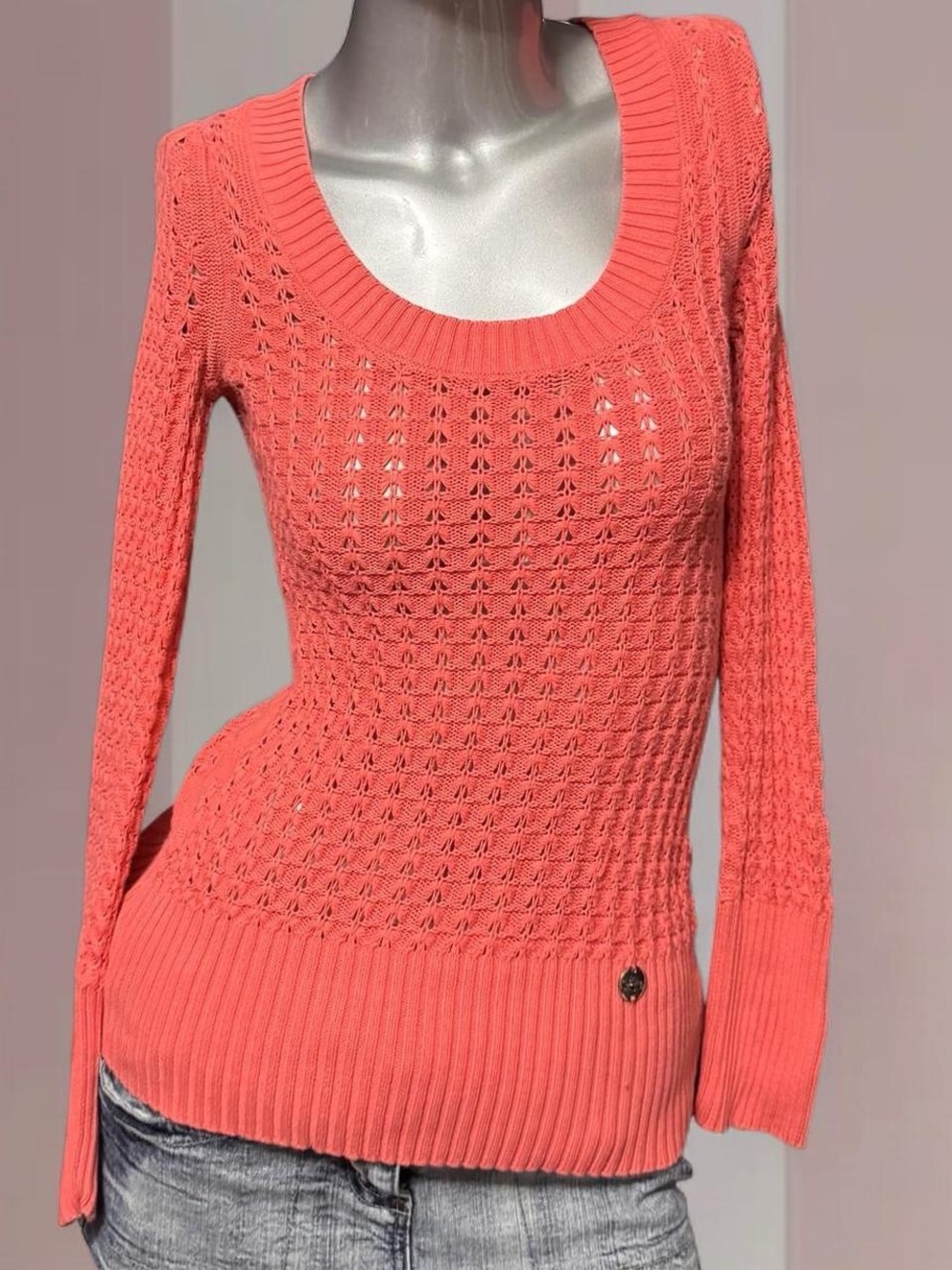 Guess Y2K Coral-Orange Sheer Knit Sweater with Scoop Neckline